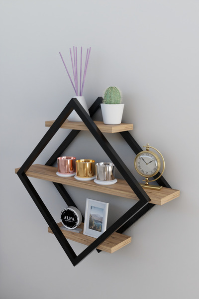 alpaevmobilya 3 Katlı Baklava Model Duvar Rafı - Modern Geometrik Kitaplık, M...