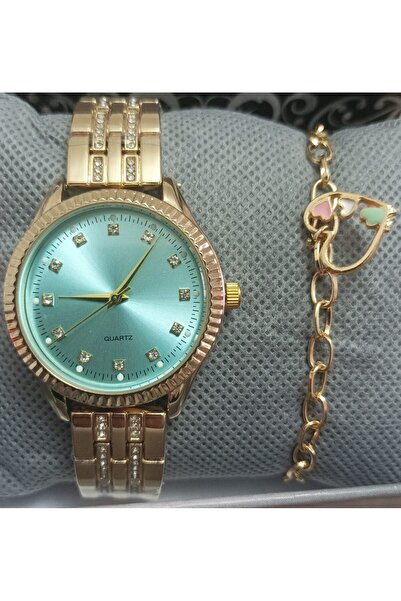 Gerçek Hediyelik Kadın Kol Saati ve Kalpli Bileklik Seti, Altın Renk Taşlı Ko...
