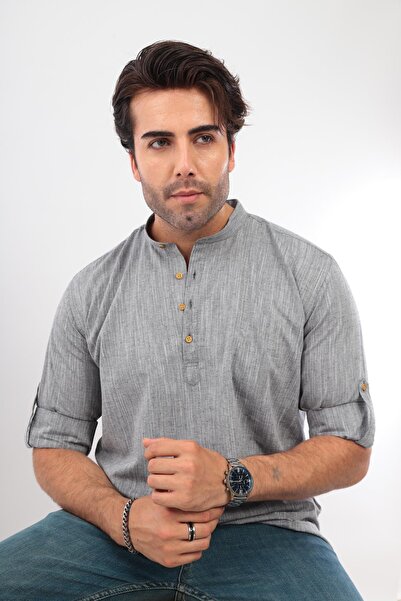 Fitmens Slim Fit Long Sleeve Court Collar Half Placket Men's Shirt with Gift ...