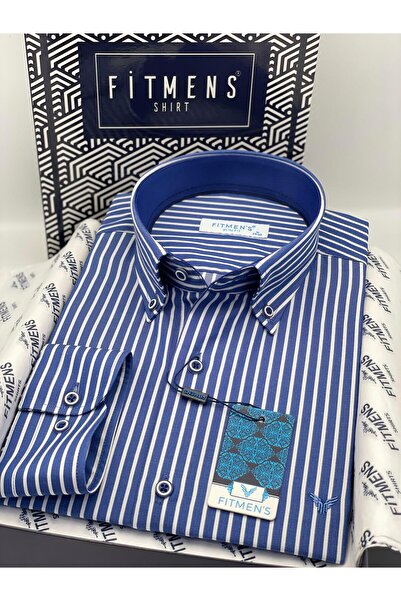 Fitmens قصة ضيقة قميص رجالي بأكمام طويلة وياقة مخططة سميكة فاخرة مع أزرار وعل...