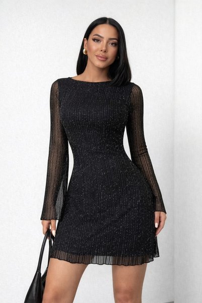çatı moda Simli Sırt Detaylı Mini Elbise
