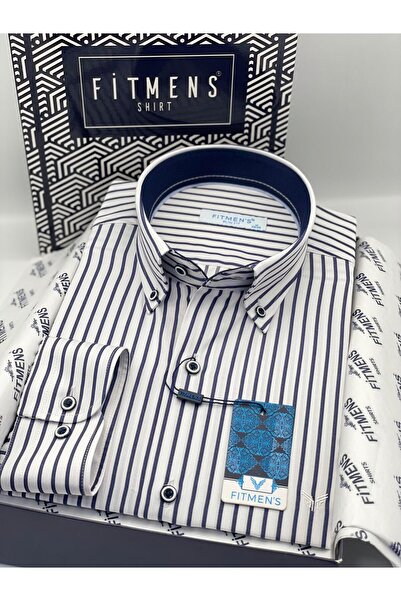 Fitmens قصة ضيقة قميص رجالي بأكمام طويلة وياقة مخططة سميكة فاخرة مع أزرار وعل...