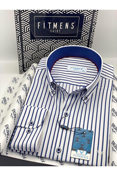 Fitmens قصة ضيقة قميص رجالي بأكمام طويلة وياقة مخططة سميكة فاخرة مع أزرار وعل...