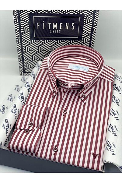 Fitmens قميص رجالي بقصة ضيقة وأكمام طويلة من الليكرا بياقة مخططة وأزرار مع عل...