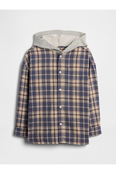 GAP Erkek Çocuk Mavi Relaxed Kapüşonlu Flannel Gömlek