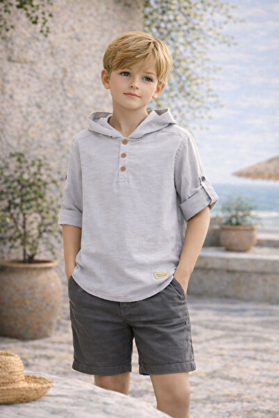 NANİCA Gri Erkek Çocuk Uzun Kol Kapşonlu Gömlek 1-5 Yaş