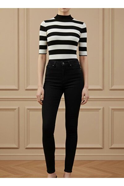 Maysev Siyah-Beyaz Çizgili Yarım Balıkçı Yaka Ribana Örgü Kısa Kol Soft Tuşe ...
