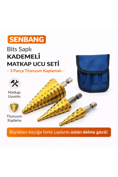 SENBANG Bits Saplı Kademeli Matkap Ucu Seti 3 Parça – Titanyum Kaplamalı Delm...