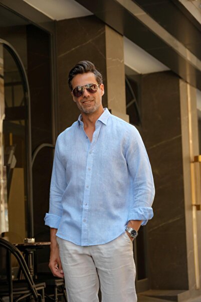 Fitmens قميص رجالي بقصة ضيقة وأكمام طويلة مصنوع من قماش الكتان 100% قابل للتن...