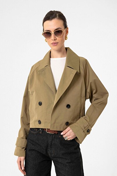 Antioch Trenci scurt pentru femei, kaki, cu piept dublu