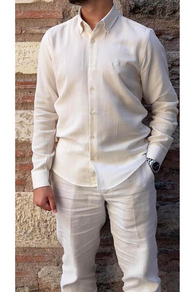 Fitmens Slim Fit Uzun Kol Müslin Pamuk Rahat Nefes Alabilen Kumaştan Yaka Düğ...