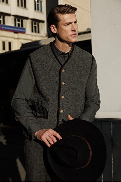 Desen Triko Erkek V Yaka Astarı Desenli Yün Yelek K.Füme