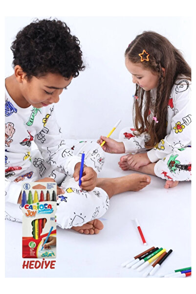 Esrabutik Boyama Kalemi HEDİYELİ Boyanabilir Uzun Kollu Çocuk Pijama Takımı