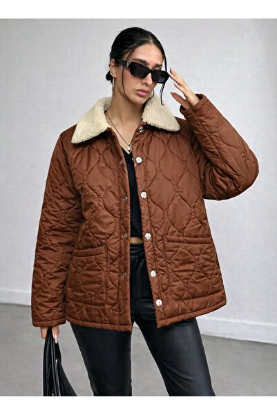 BORCKA TEKSTİL Γυναικείο παλτό Καπιτονέ με σχέδιο με καφέ γούνινο γιακά