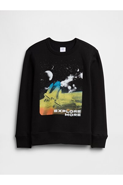 GAP Erkek Çocuk Siyah Bisiklet Yaka Grafik Sweatshirt