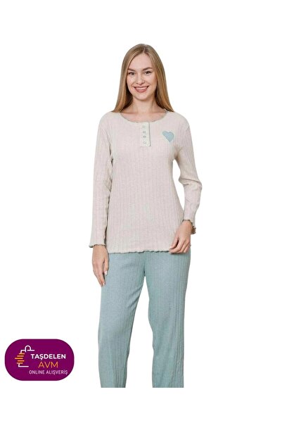 TAŞDELEN AVM Zenne Button Detailed Long Sleeve Interlock Pajama Set