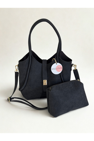 BAGLOVİS Puppy Bag with Extra Front Lock Detail Suede Black Women's Shoulder ...