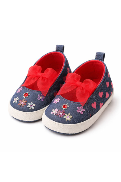 Superbaby Pantofi din denim cu fundite si broderii florale