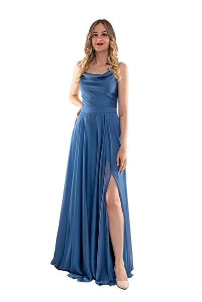 DORİDORCA 3086 Arkası İpli Yırtmaçlı Kristal Şfon Uzun Elbise