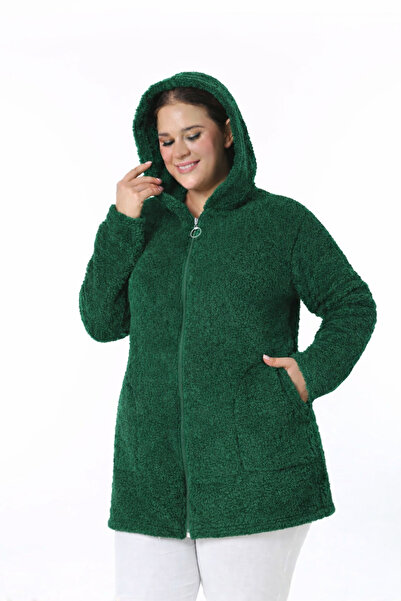 memetti m şekil Women's Green Plus Size Zippered Hooded Soft Plush Cardigan