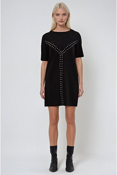 Lijuri Siyah Zımba Detaylı Mini Süet Elbise 2954