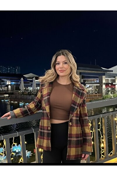 Foola Moda Premium Seri Viskonlu Kadın Kaşe Ceket - Vintage Ekose Desen