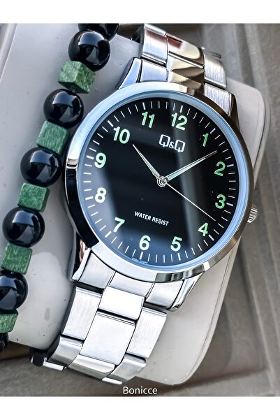 Q&Q حزام فولاذي من العلامة التجارية، مقاوم للماء، ساعة يد رجالية فضية اللون +...