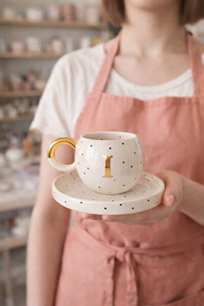 Mugtasarım 24k Altın Yaldızlı Double Türk Kahvesi Fincanı I Harfi