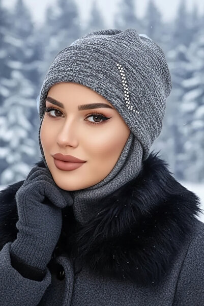 Aişe tesettür Antrasit Taşlı Maskeli Bere