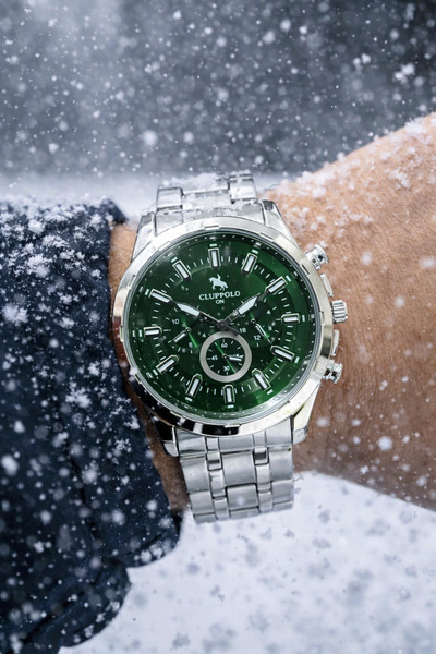 S.POLO Gümüş Erkek Kol Saati Yeşil Kadran Spor Saat Bileklik