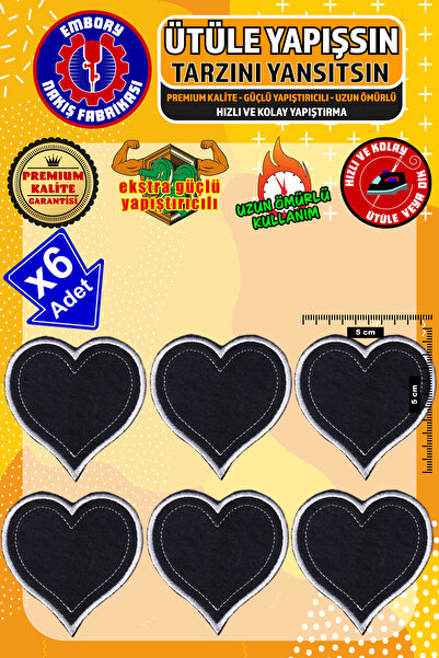 Embory Ütü ile Yapışan Arma Yama, Siyah Kalp (6 ADET) Ütüyle Yapışan Nakış Do...