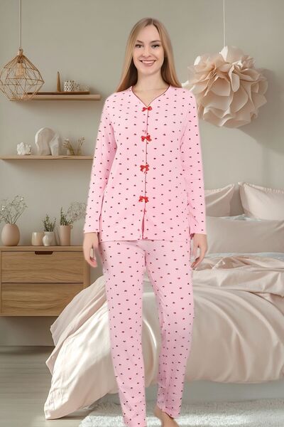d Kit Boutique Kadın Pembe Kalpli %100 Pamuk Fitilli Pijama Takımı