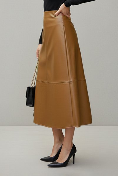 SWARIUS Women's Midi Length High Waist A-Line Leather Skirt Brown