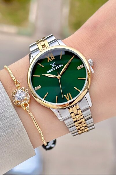 Daniel Klein Green Dial Gold Silver Color Band 35 mm Women's Wristwatch and G...