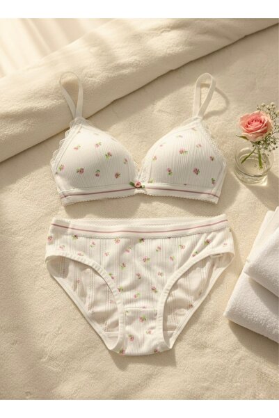 Pelife Underwear Beyaz Çiçekli Sütyen Takımı | Pamuklu-Desenli-Çeyizlik-Askılı