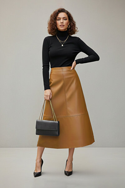 SWARIUS Γυναικεία δερμάτινη φούστα μίντι μήκους με ψηλή μέση σε γραμμή Α, καφέ