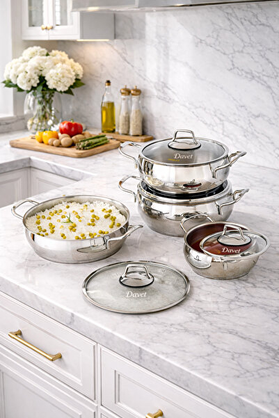 Davet Defne Paslanmaz Çelik İndüksiyon Tabanlı 8 Parça Çelik Tencere Seti