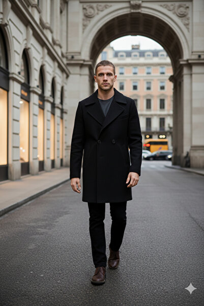 A&O Style Men's Black Premium Oversized Button Detailed Double-Breasted Colla...