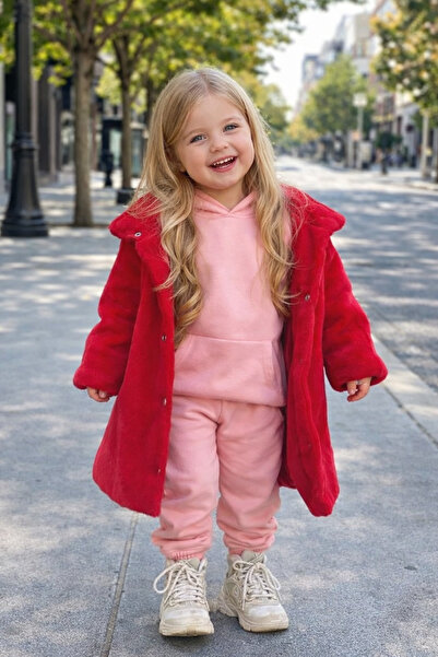 CALİSA Girl's Red Plush Fur Coat and Pink Tracksuit Set 3-Piece Set
