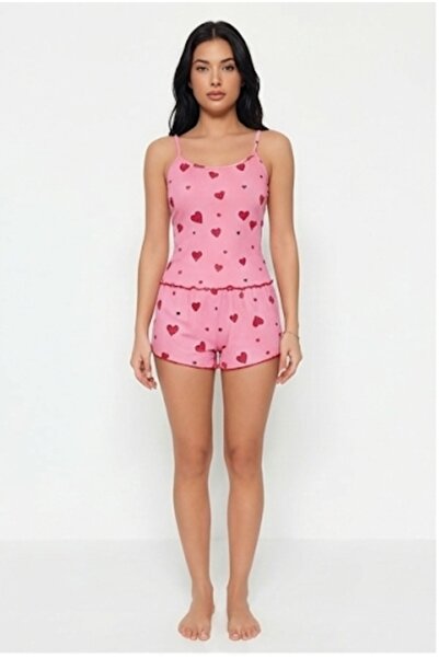 MODA YILDIZ Γυναικείο σετ πιτζάμα με στάμπα ροζ καρδιά με βολάν και σορτς