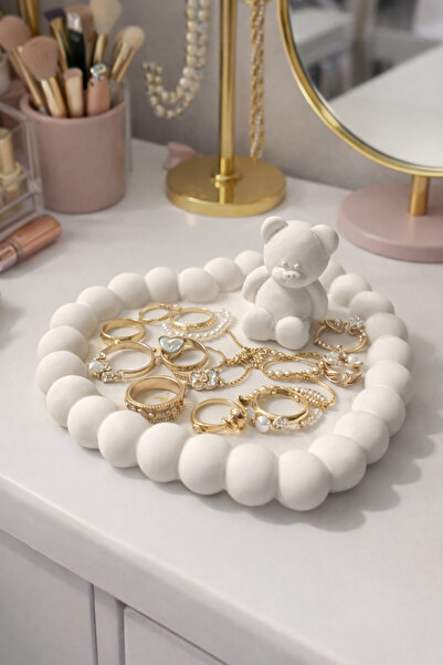 Homesinti Handmade Stone Organizer Decorative Plate and Teddy Bear White