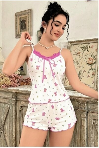 PİERLES Women's white teddy bear print lace-trimmed cami and shorts pajama set