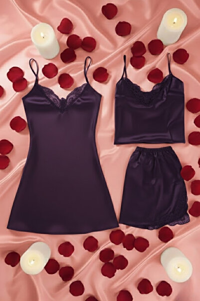 ZENCHES Saten Şortlu Takım Saten Gecelik Saten 3'lü Çeyiz Seti