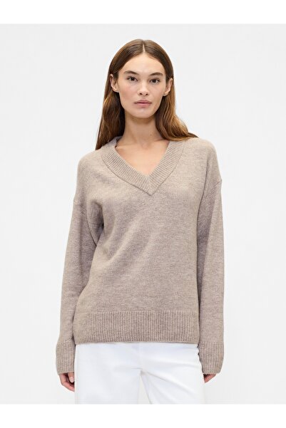 GAP Kadın Ekru Oversized V Yaka Kazak