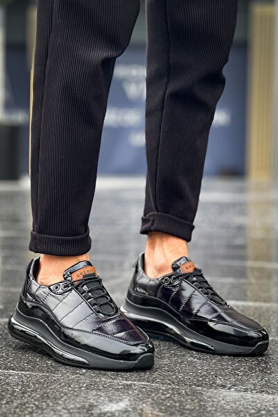 Zerenyus حذاء رياضي رجالي فاخر من سبورتي رانر مصنوع من الجلد الأسود اللامع