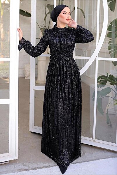 TRENDTESETTÜR KADIN SİYAH PUL PAYETLİ ABİYE ELBİSE T 6944