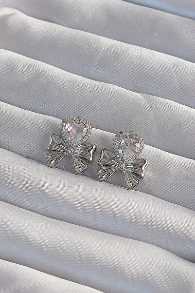 shopwave Brass Silver Color Zircon Stone Heart Model Bow Earrings