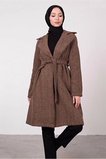 TRENDTESETTÜR KADIN KAHVE BALIKSIRTI DESENLİ KABAN 5285