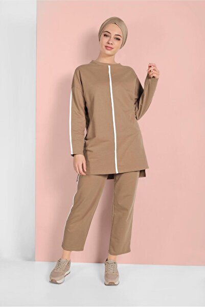 TRENDTESETTÜR KADIN KAHVE (LATTE) ÇİZGİ DETAYLI EŞOFMAN TAKIM 038