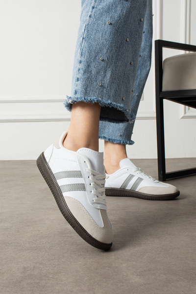 eformoda by emre yılmaz Beyaz Gri Unisex Kadın Erkek Şeritli Rahat Taban Günlük Sneaker Spor Ayakkabı